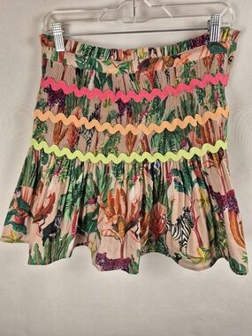 Entro Tropical Animal Print Mini Skirt with Neon Ric-Rac Size L